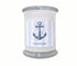 Personalized 12oz coastal candle with blue stripes and anchor icon, custom beach town label, hand-poured in eco-friendly coconut wax