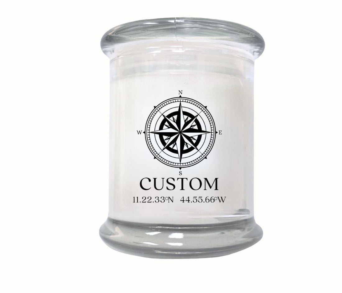 Custom 12oz compass candle in black, made with eco-friendly coconut wax, non-toxic, and luxury hand-poured.