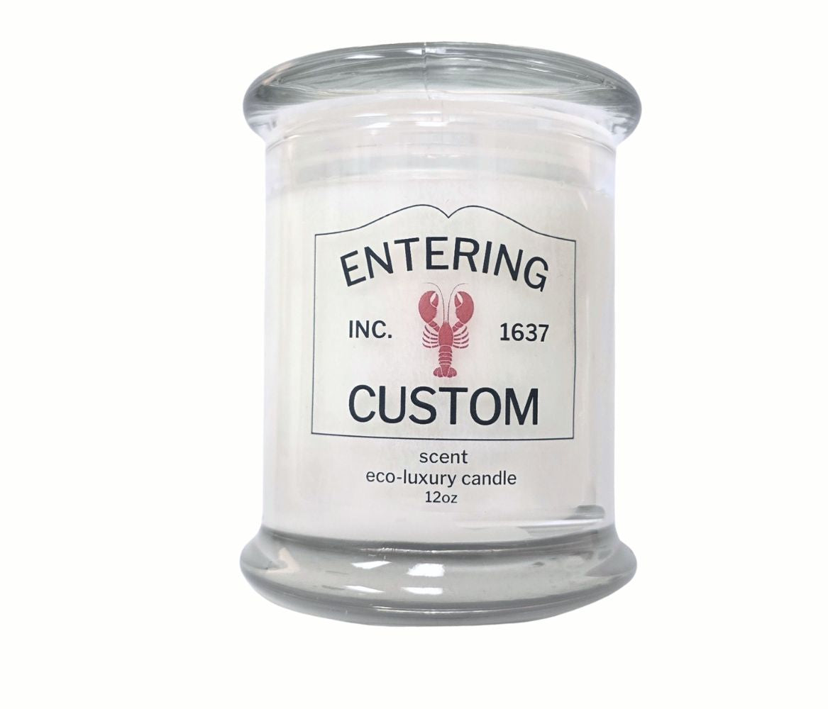 Personalized lobster icon 12oz candle in a glass jar, hand-poured and coastal-inspired.