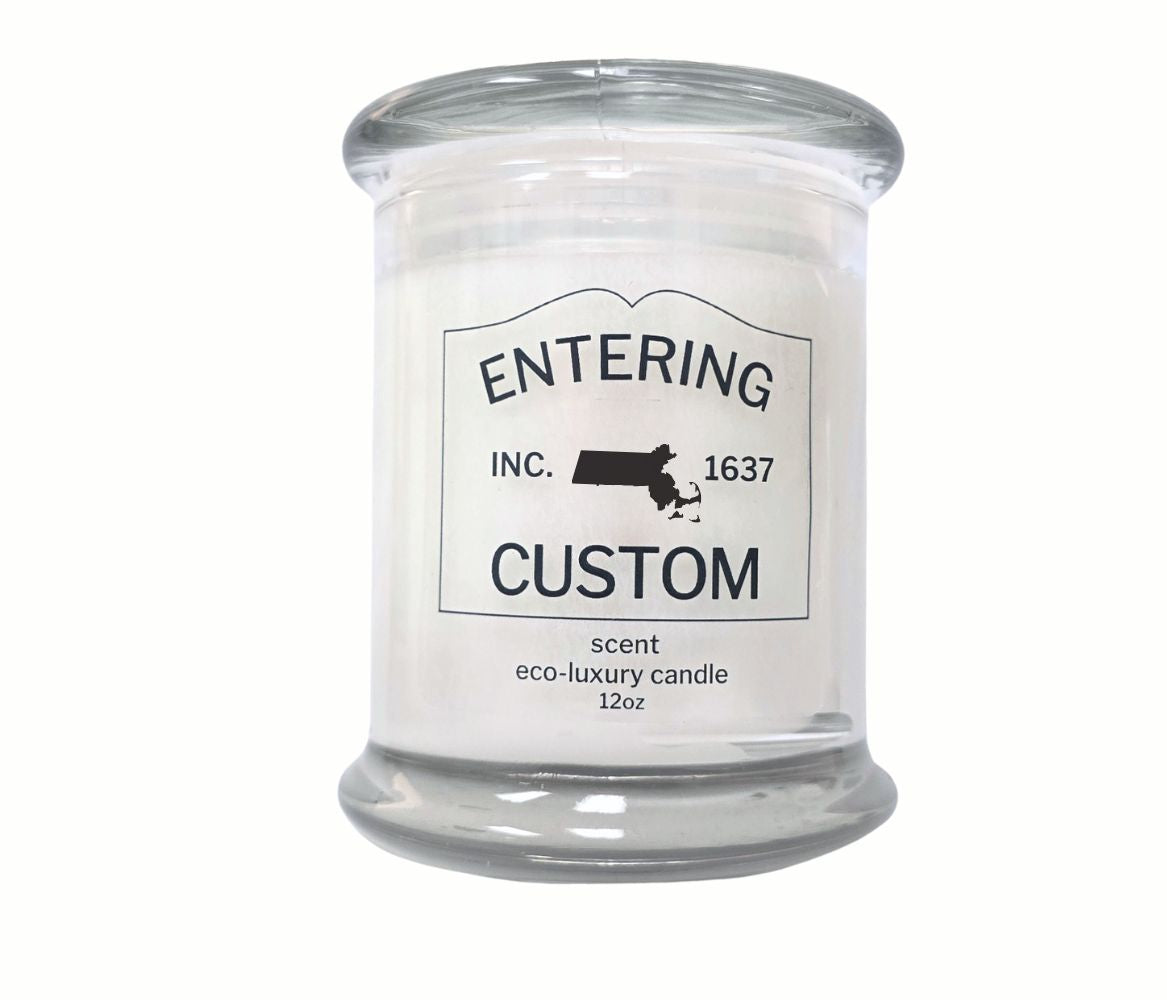 12oz custom candle with “Entering” town sign and state silhouette label, hand-poured in eco-friendly coconut wax