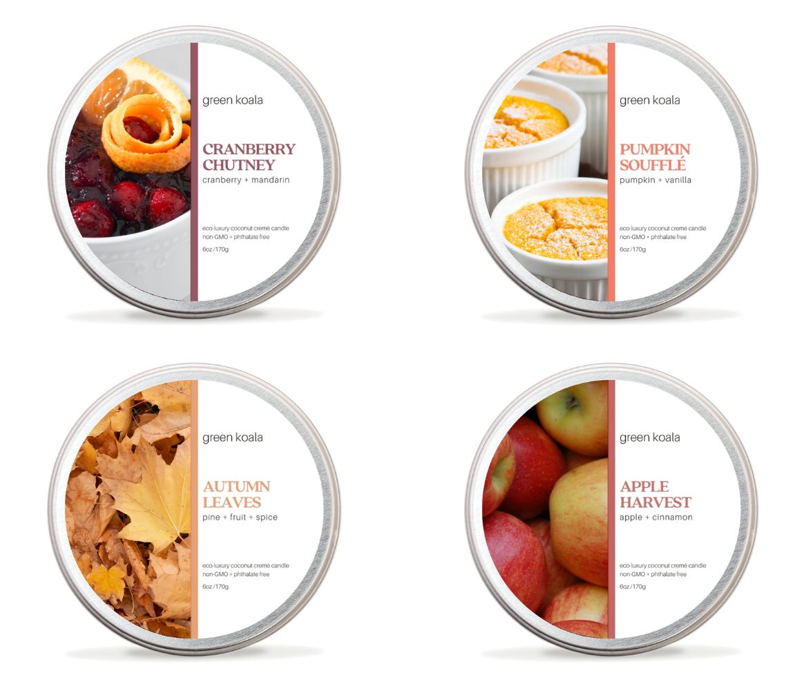 Fall candle sampler with apple harvest, autumn leaves, cranberry and pumpkin souffle tin candles.