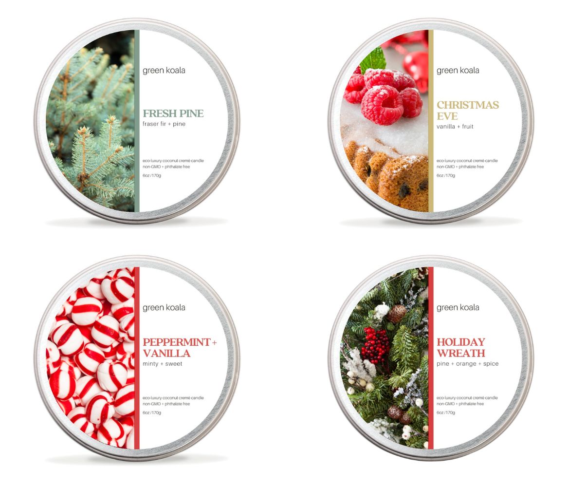 Holiday candle scents in a sampler box of 6oz tins - fresh pine, christmas eve, peppermint vanilla and holiday wreath.