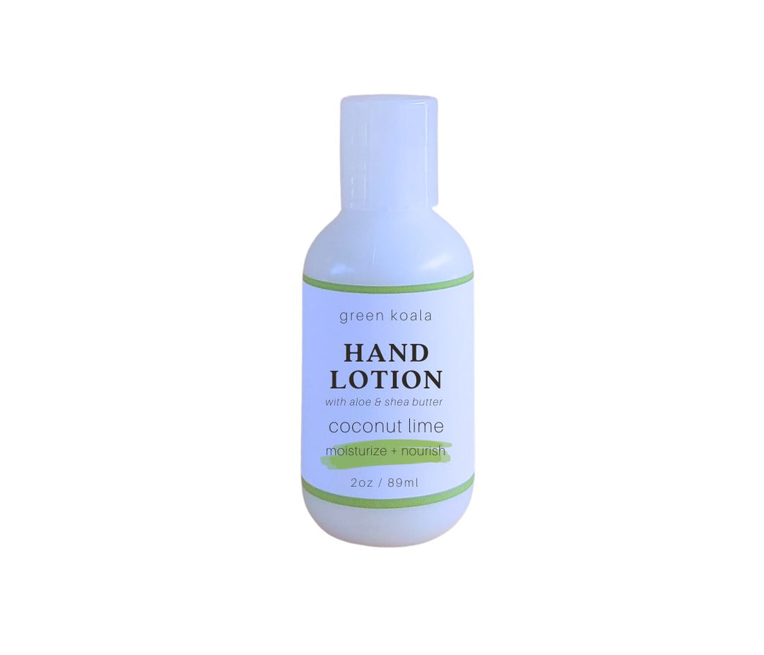 Paraben-free Green Koala Organic Coconut Lime Hand Lotion in 2 oz bottle with push cap