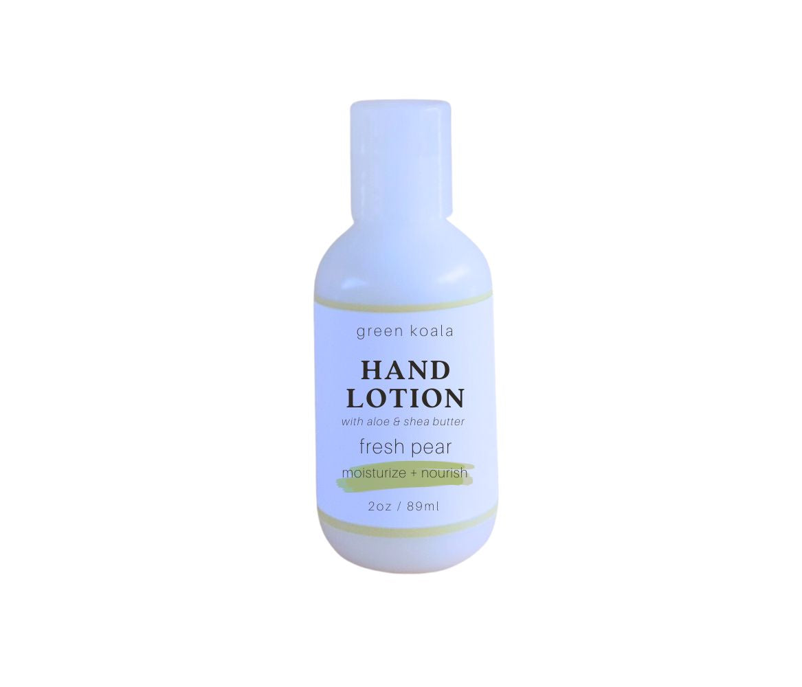 Paraben-free Green Koala Organic Fresh Pear Hand Lotion in 2 oz bottle with push cap