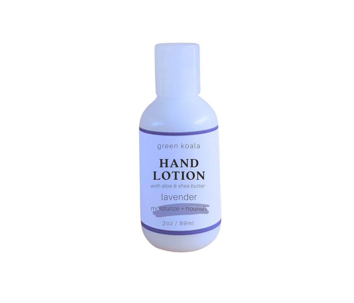 Paraben-free Green Koala Organic Lavender Hand Lotion in 2 oz bottle with push cap