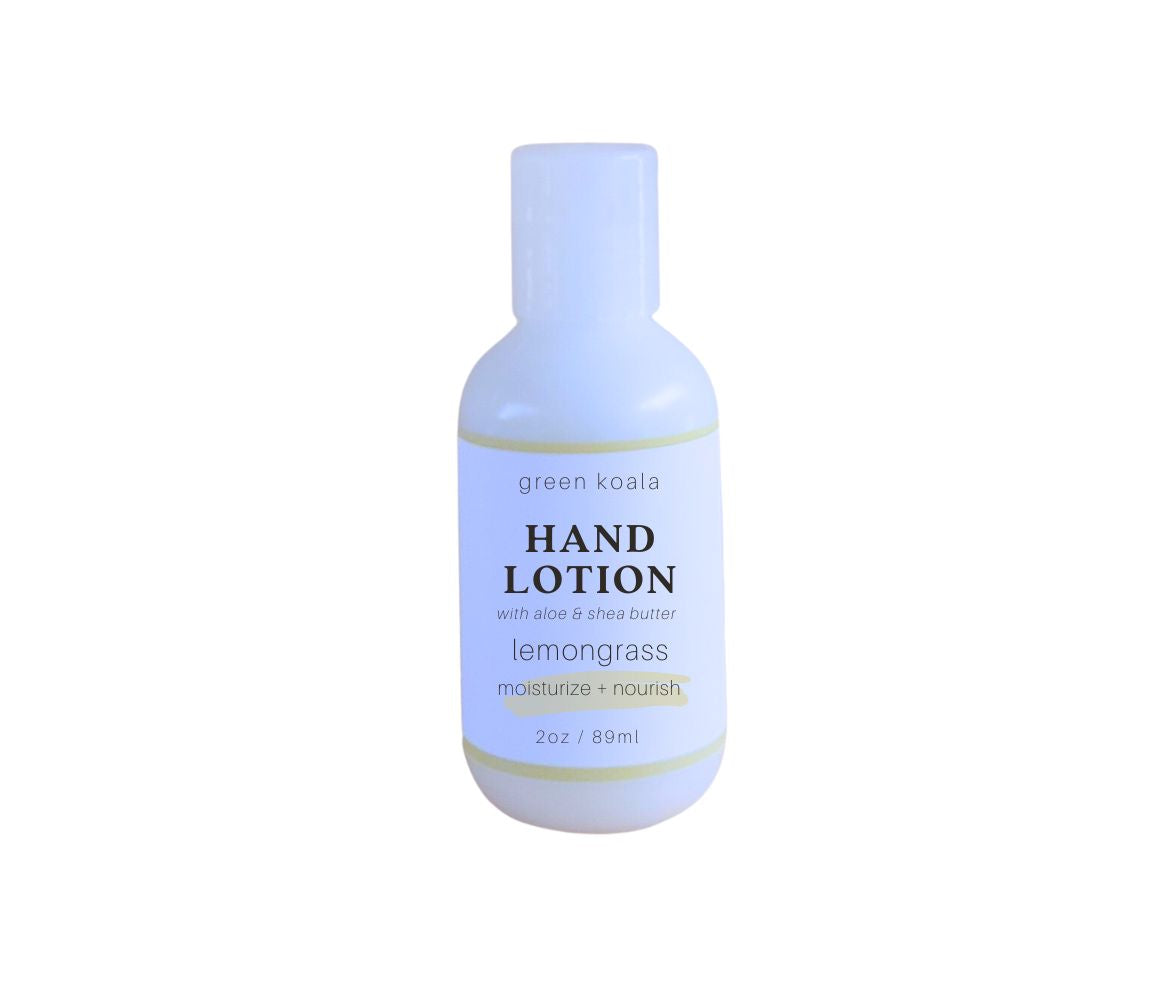 Paraben-free Green Koala Organic Lemongrass Hand Lotion in 2 oz bottle with push cap