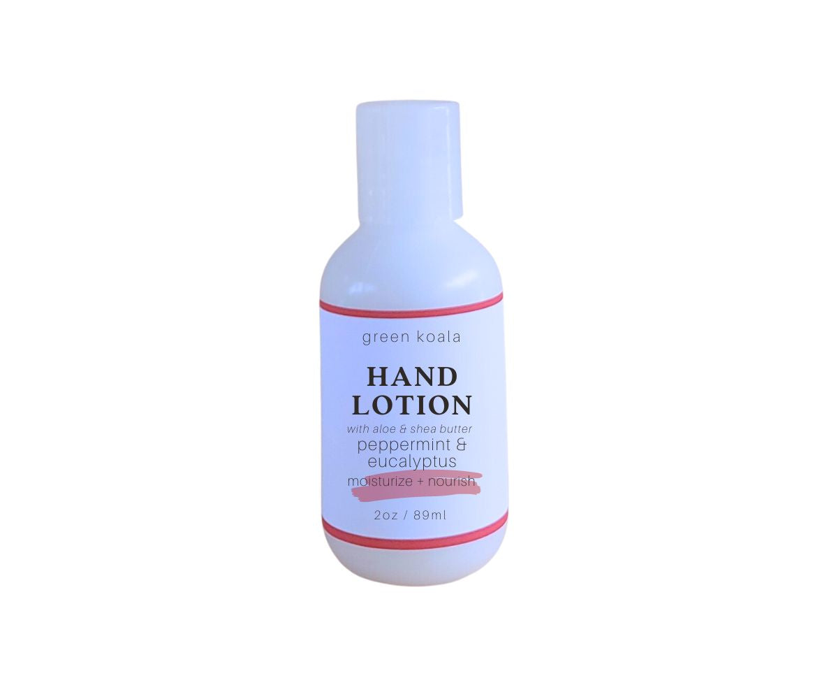 Paraben-free Green Koala Organic Peppermint &amp; Eucalyptus Hand Lotion in 2 oz bottle with push cap