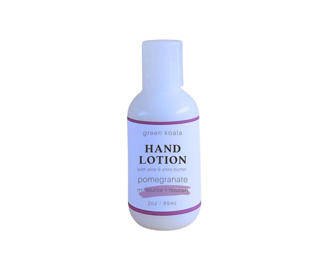 Paraben-free Green Koala Organic Pomegranate Hand Lotion in 2 oz bottle with push cap