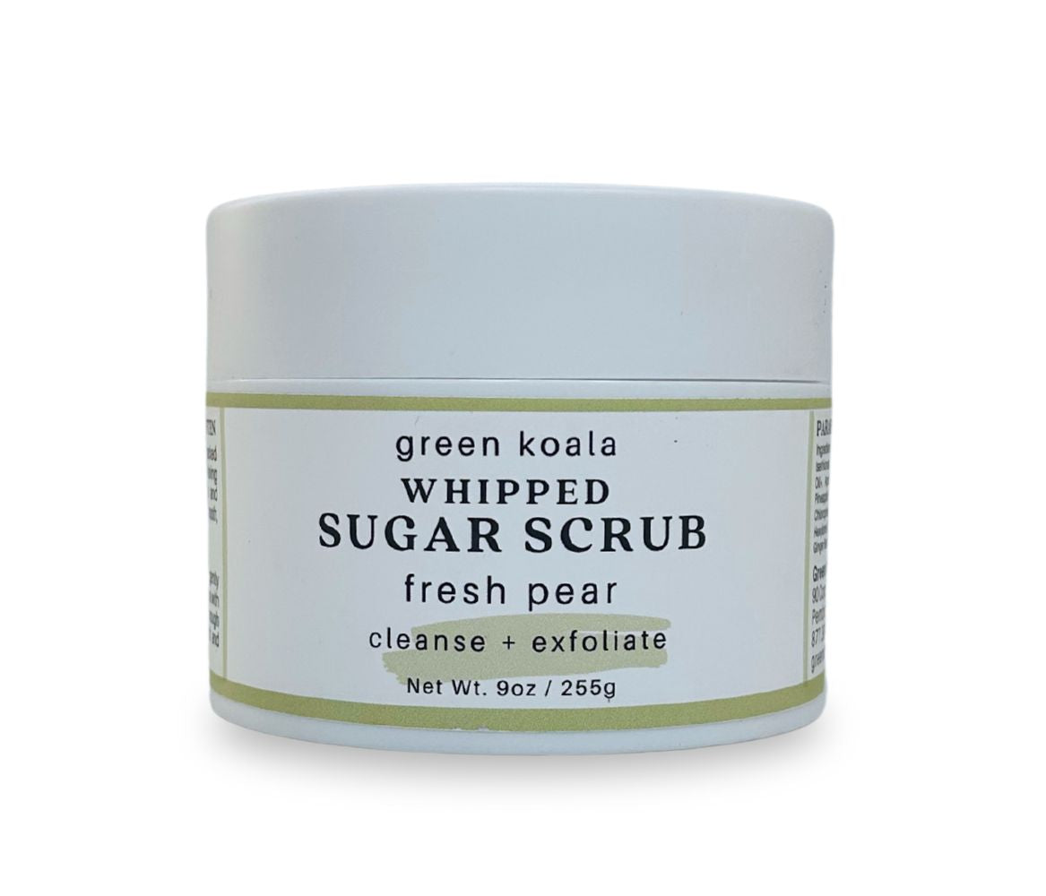 9oz Fresh Pear Sugar Scrub jar with whipped texture and pear scent, cleanses, exfoliates and hydrates skin.
