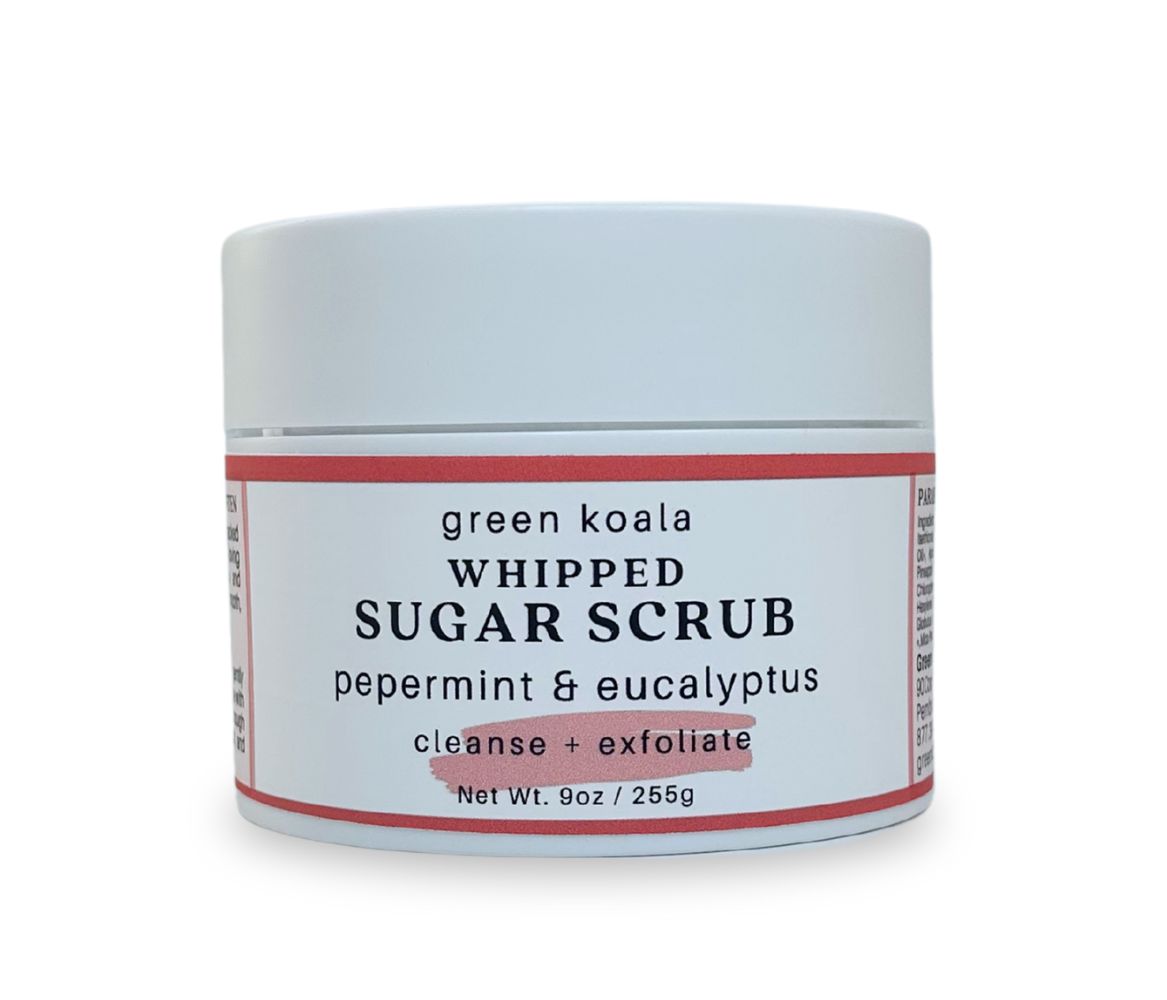 9oz Peppermint & Eucalyptus Sugar Scrub jar with whipped texture and invigorating scent, cleanses, exfoliates, and hydrates skin.