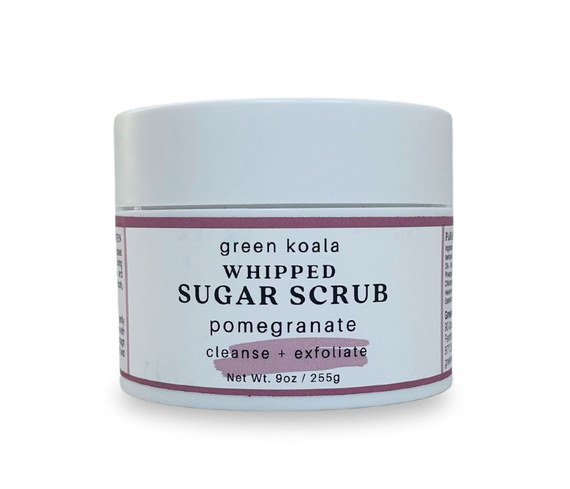 9oz Pomegranate Sugar Body Scrub jar with whipped texture and sweet aroma, cleanses, exfoliates, and deeply hydrates skin.