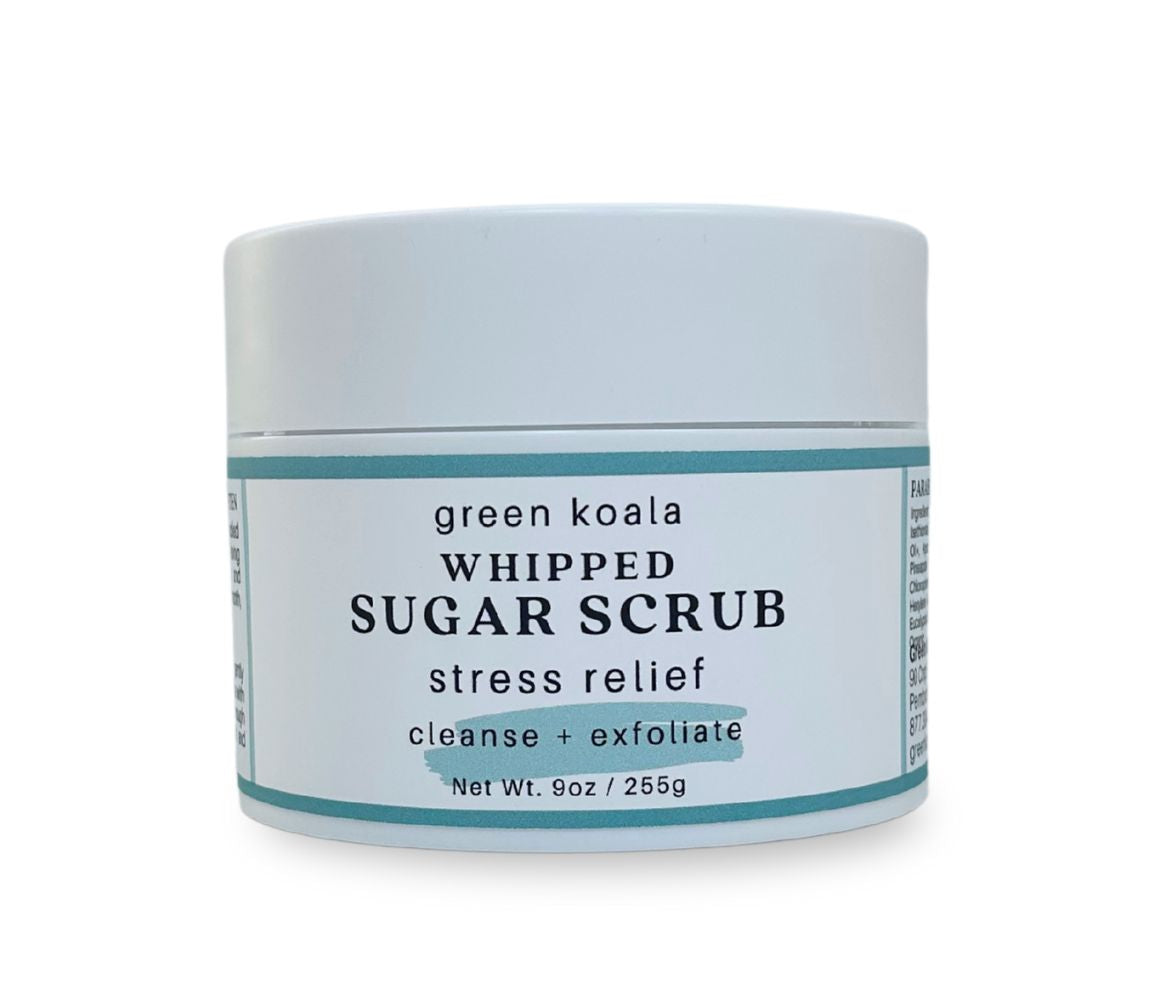 9oz Stress Relief Body Scrub jar with soothing herbal and minty aroma, cleanses, exfoliates, and deeply hydrates skin.