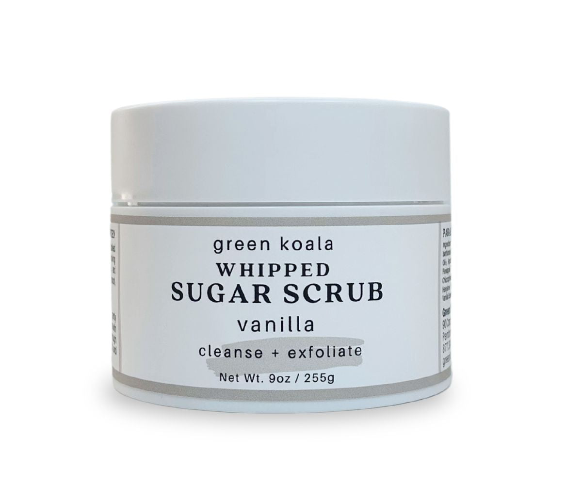 Top-down view of 9oz Vanilla Brown Sugar Body Scrub jar showcasing whipped texture and sweet caramelized aroma, cleanses, exfoliates, and deeply hydrates skin.