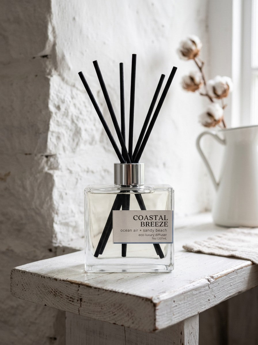 Non-Toxic diffuser labeled 'Coastal Breeze' with black sticks on a rustic surface.