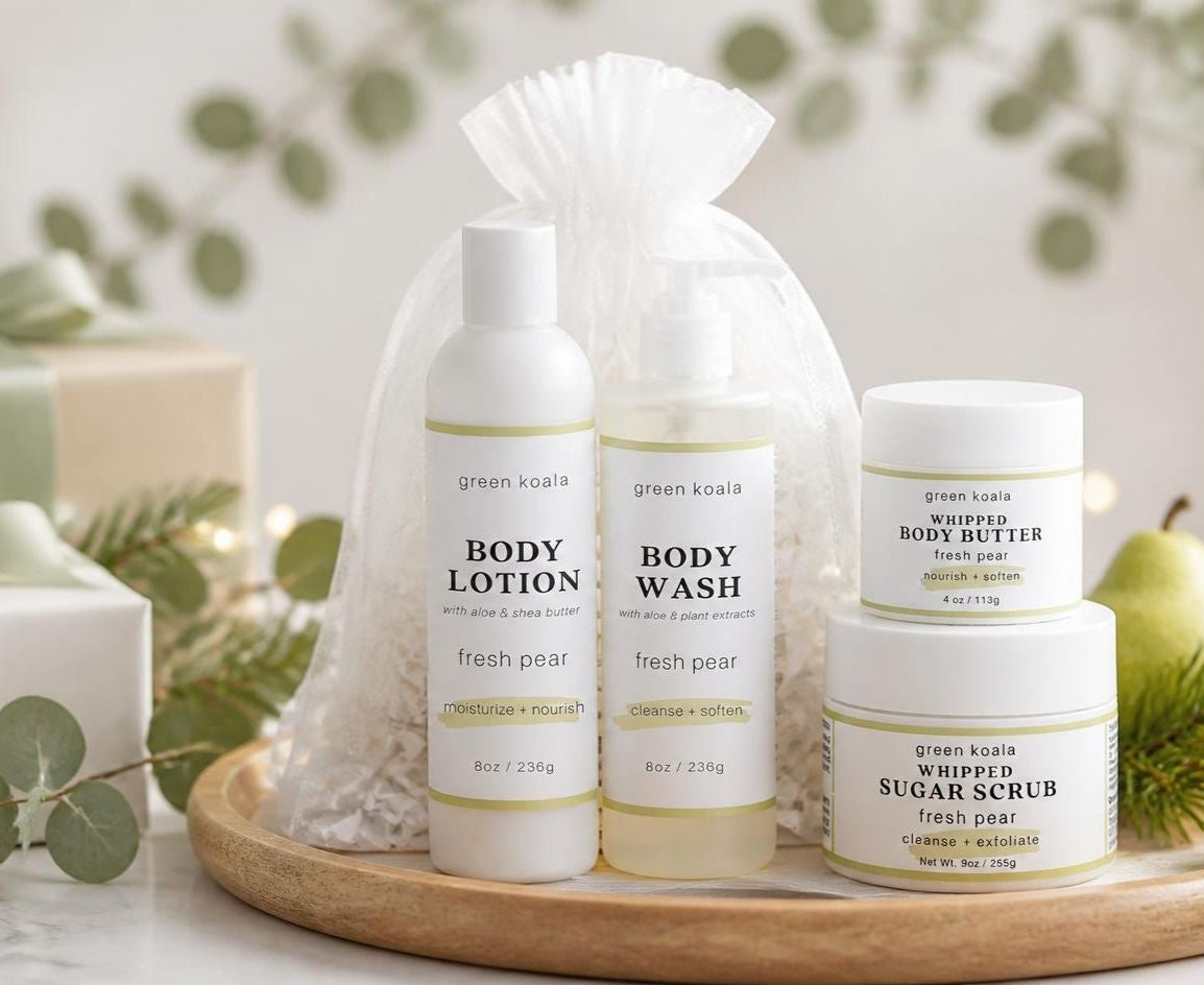 Green Koala Fresh Pear body lotion, body wash, body butter and sugar scrub gift set