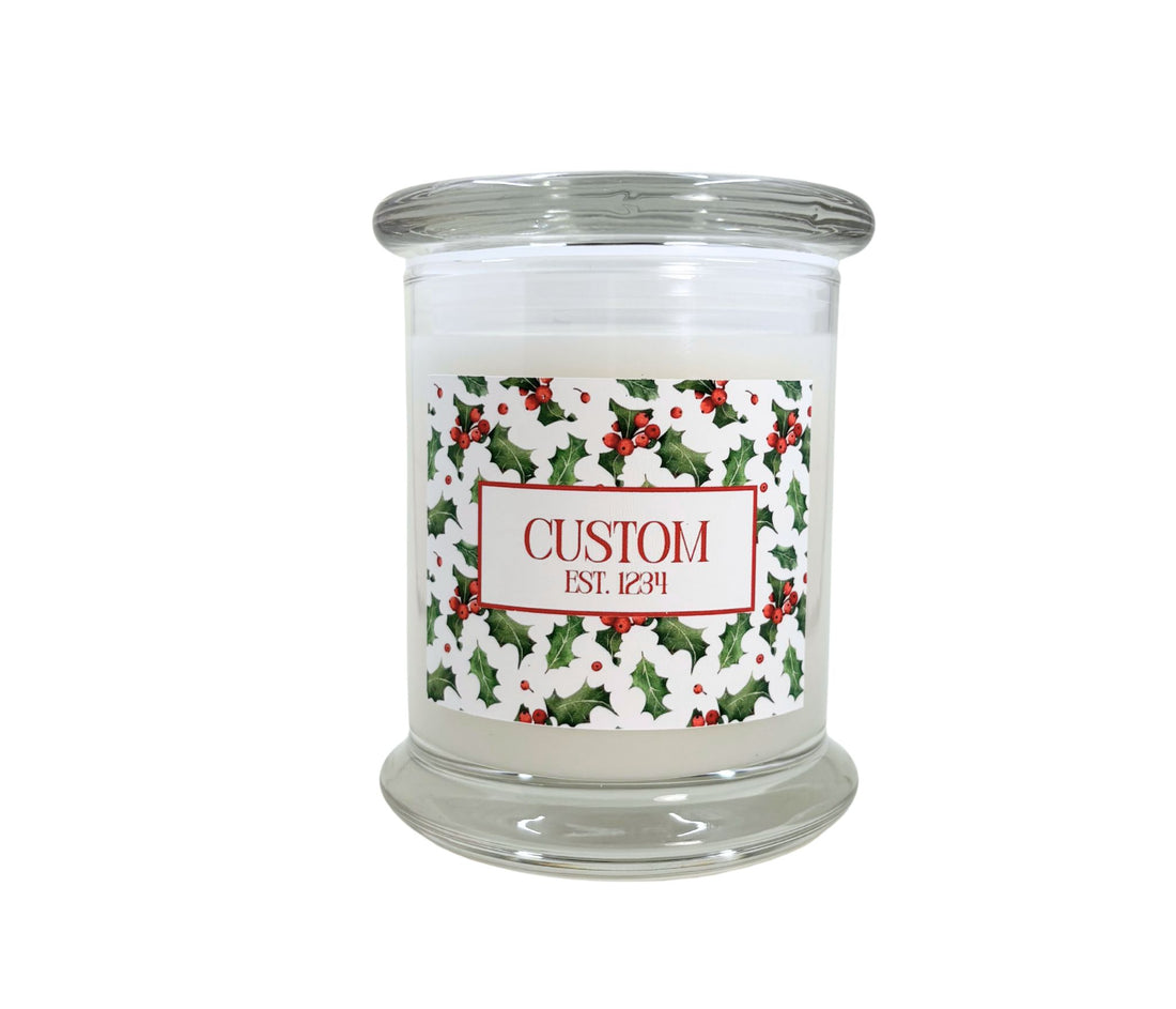 12oz Personalized Custom Holiday candle with a holly berry border design.