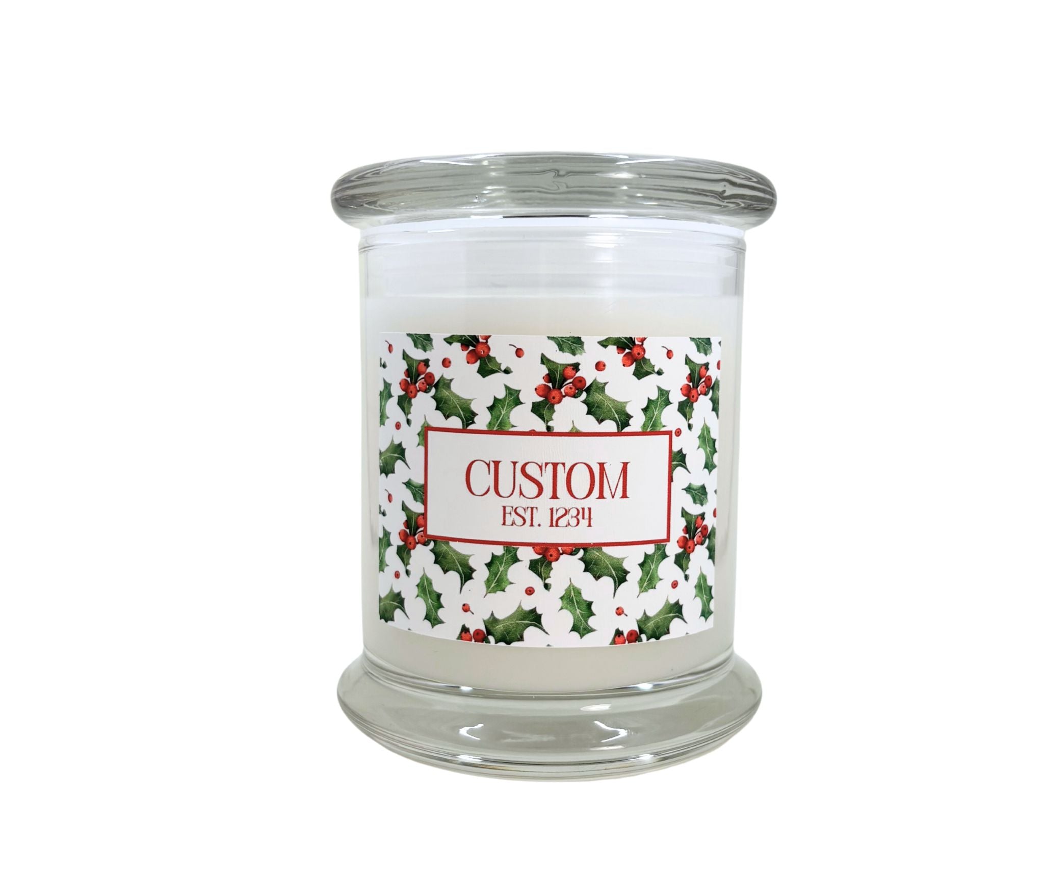 12oz Personalized Custom Holiday candle with a holly berry border design.