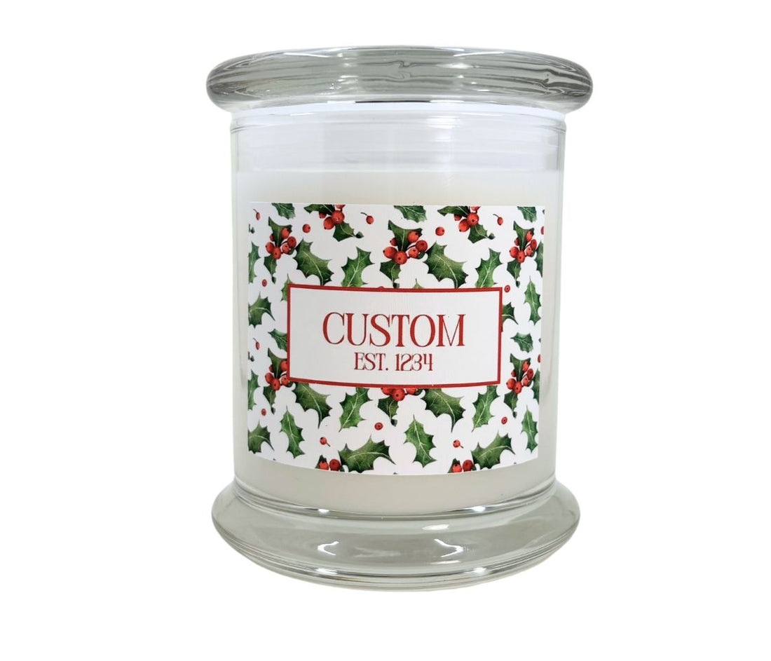 12oz Personalized Custom Holiday candle with a holly berry border design.