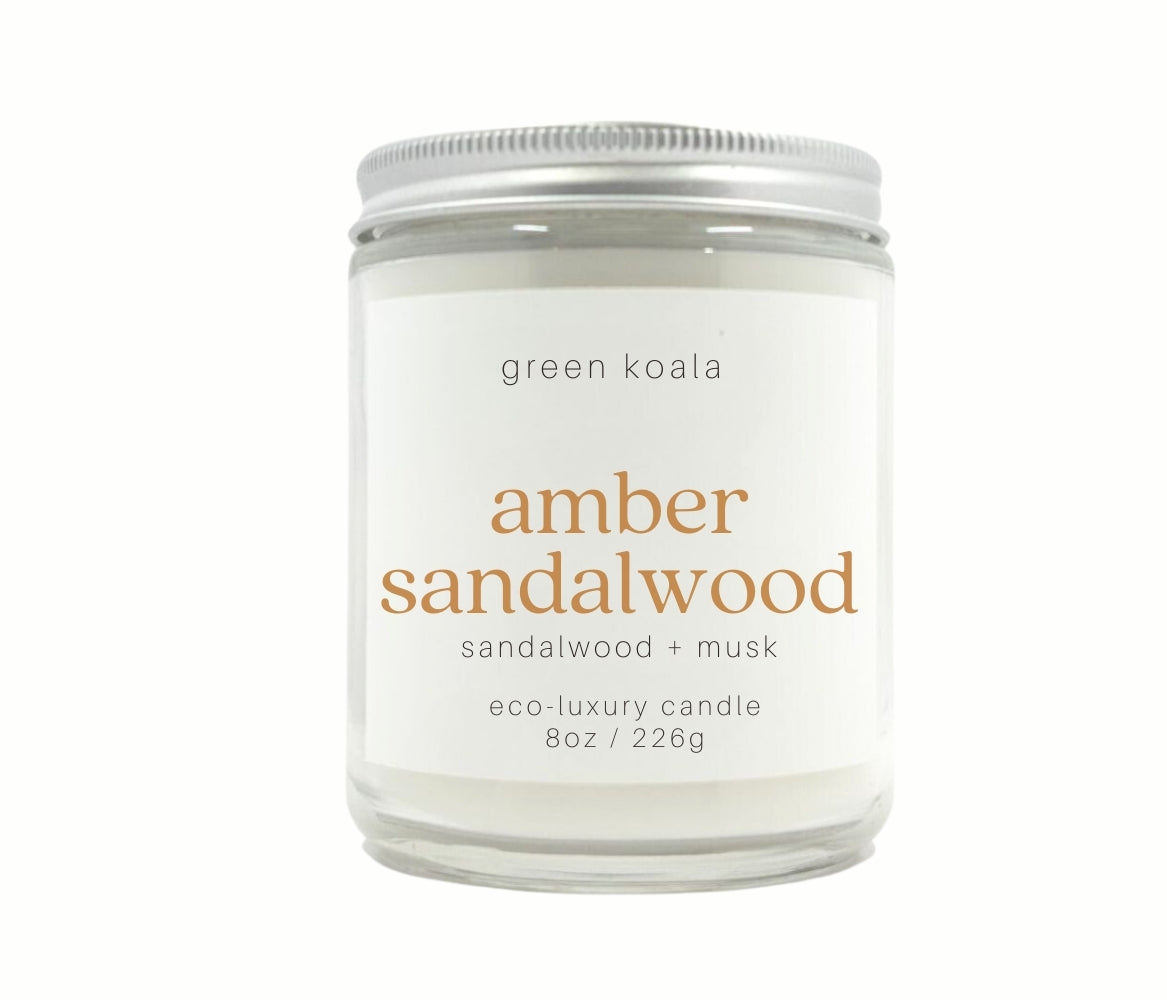 Amber Sandalwood 8oz non-toxic, clean burning coconut wax candle with silver lid.