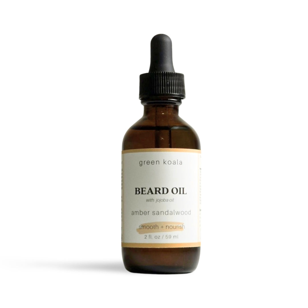 Green Koala Amber Sandalwood Beard Oil bottle with natural and organic ingredients, 2 fl. oz