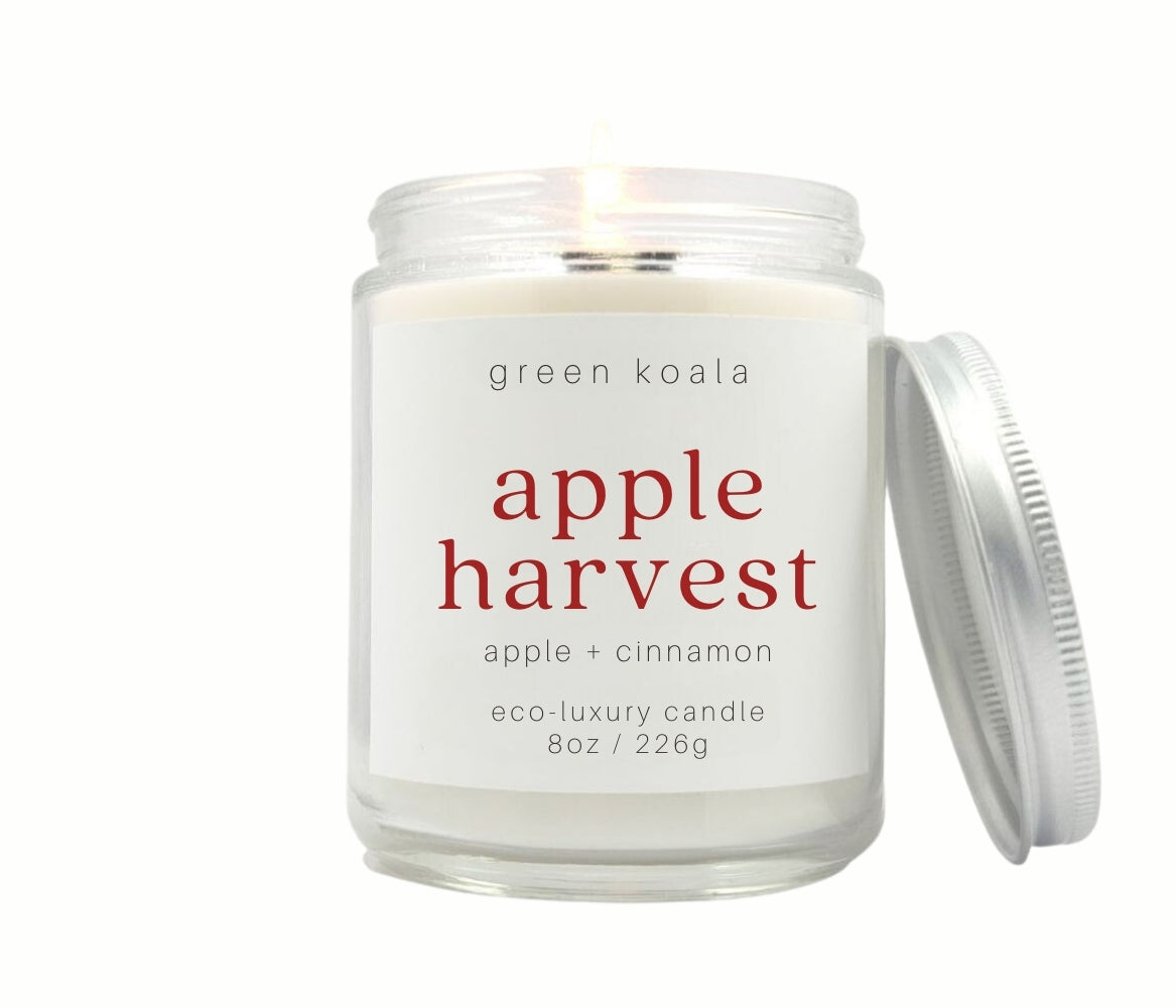 8oz hand poured Apple Harvest Coconut Wax and non-toxic candle with silver lid.