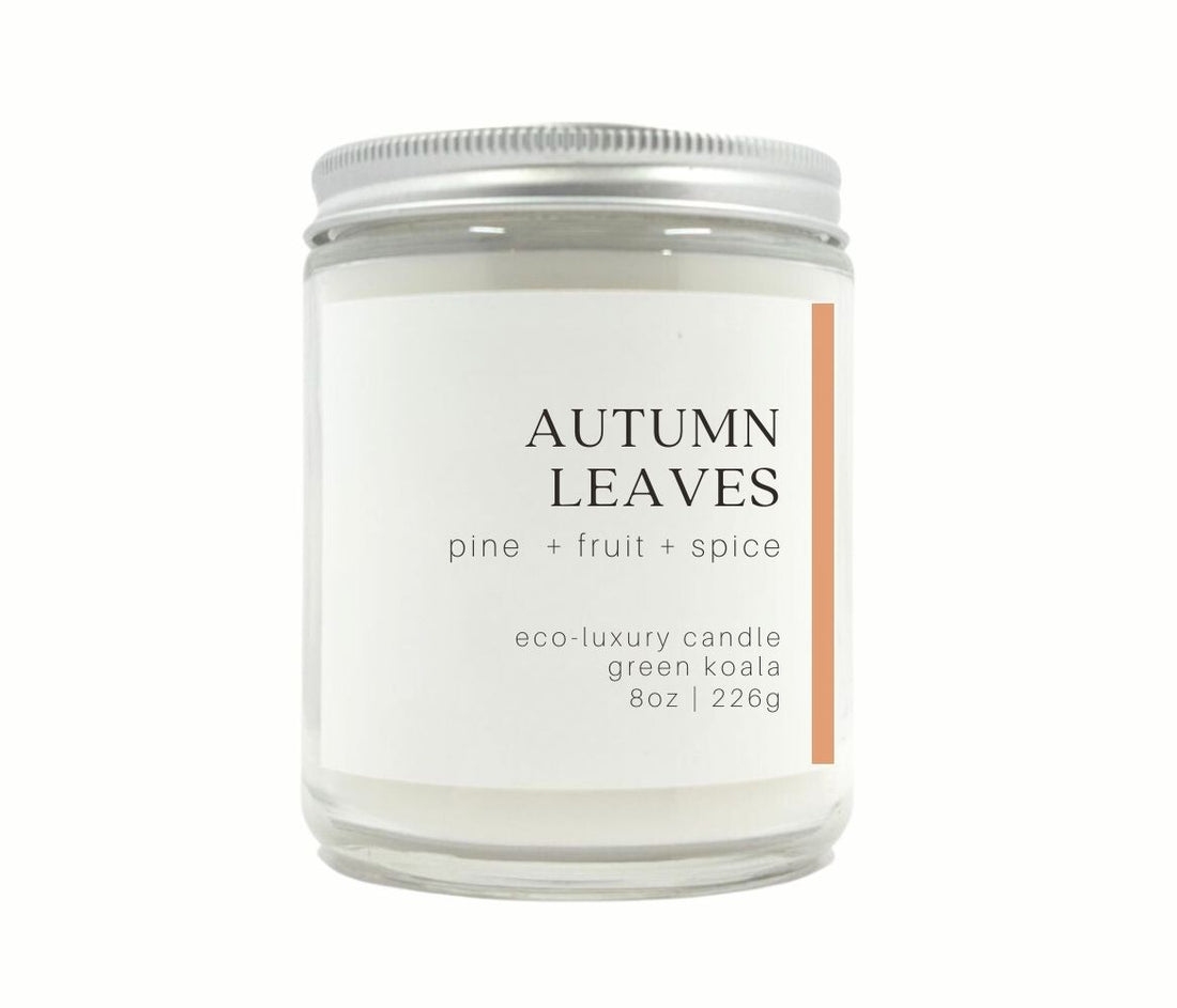 8oz Autumn Leaves coconut wax candle in a glass jar with silver lid for clean burn. 