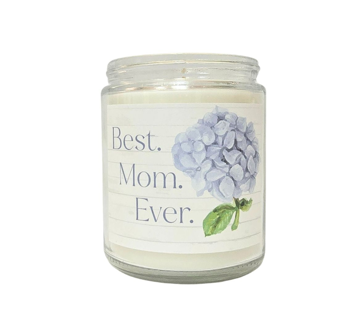 Personalized 8oz eco-luxury candle with silver lid, featuring a delicate hydrangea floral scent – Best Ever collection.
