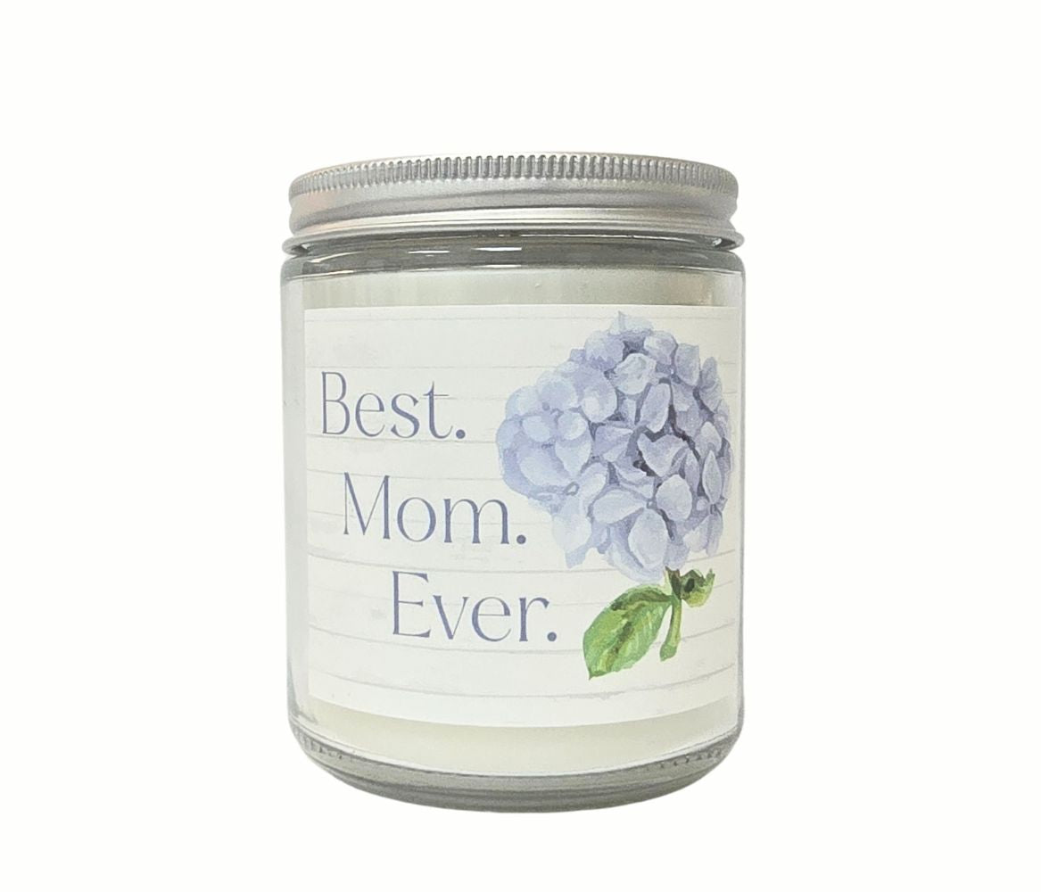 8oz Best Ever eco-luxury candle with silver lid, personalized and scented with elegant floral hydrangea.