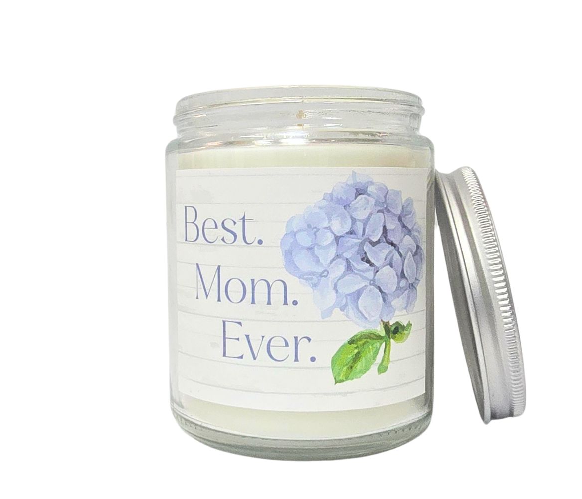 Best Ever personalized eco-luxury candle 8oz with silver lid in a beautiful floral hydrangea scent.