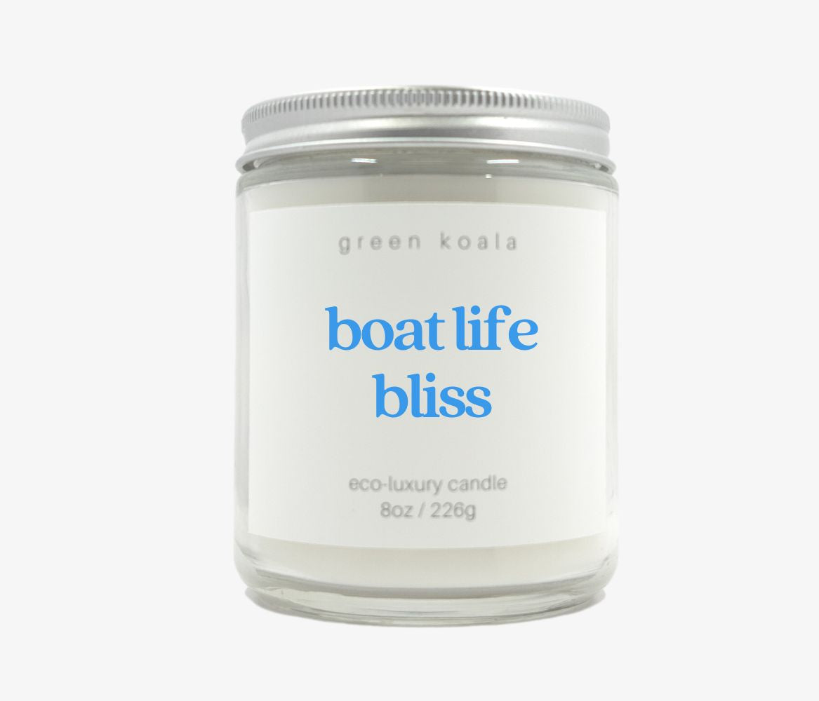 8oz Boat Life Bliss ocean scented candle in a glass jar.