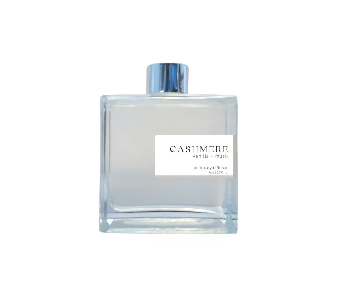 7oz Cashmere non-toxic scented reed diffuser in glass jar.
