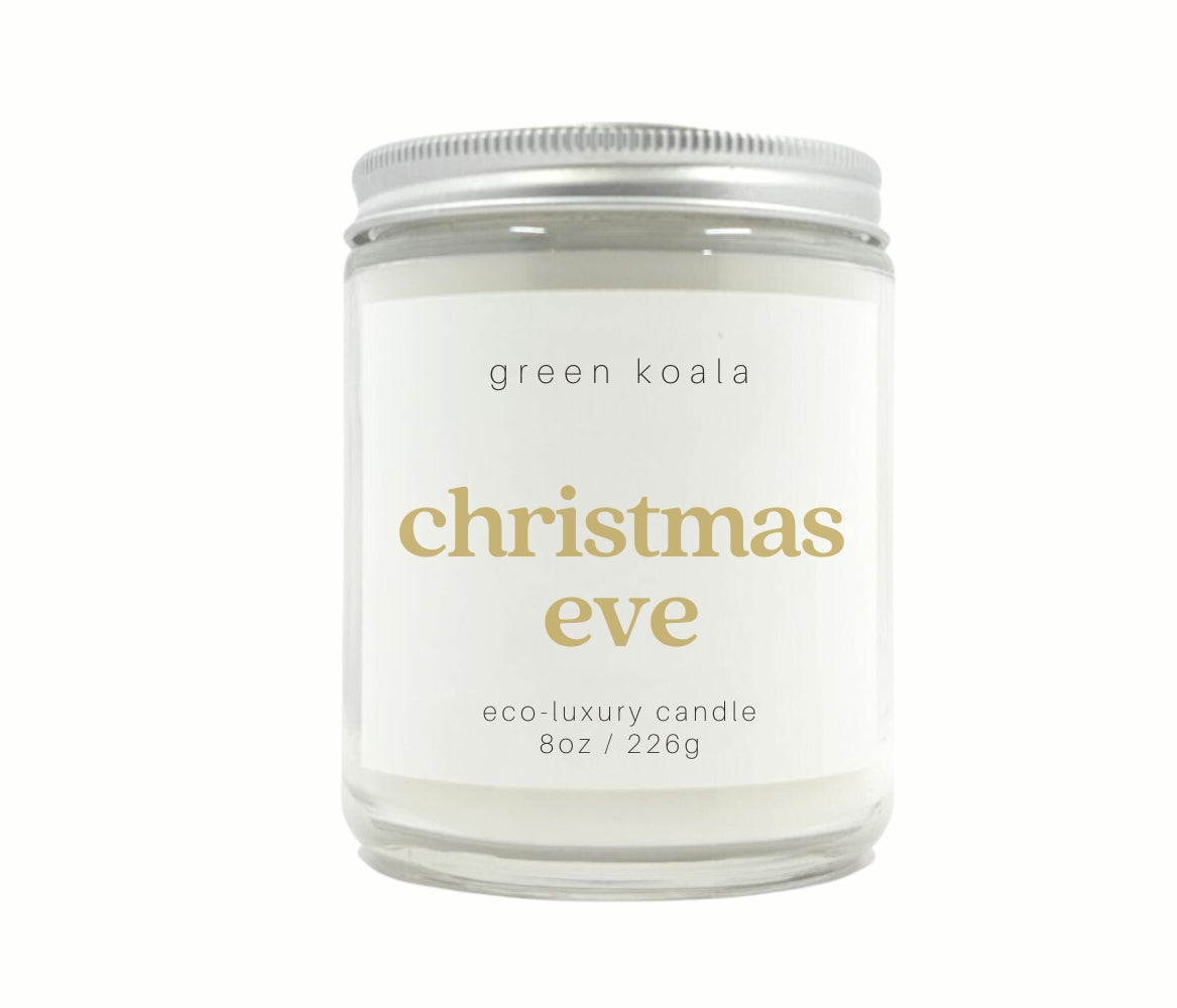 8oz Green Koala Christmas Eve scented Candle in a glass jar with silver lid. Hand poured in the USA.