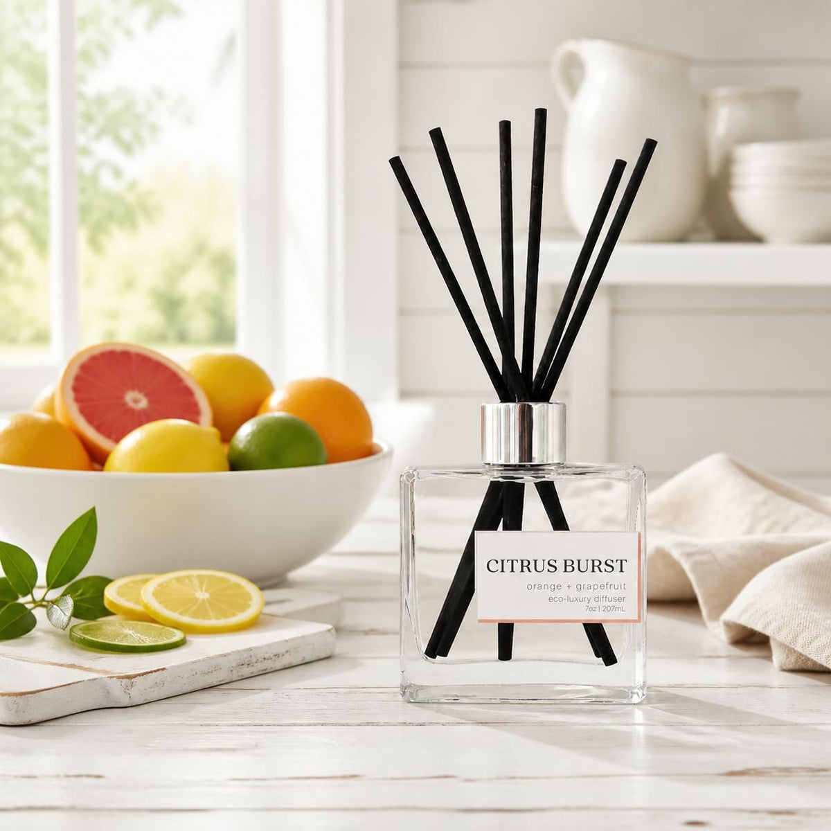 Green Koala Citrus Burst non-toxic reed diffuser on a white farmhouse kitchen counter with fresh lemons, oranges and limes