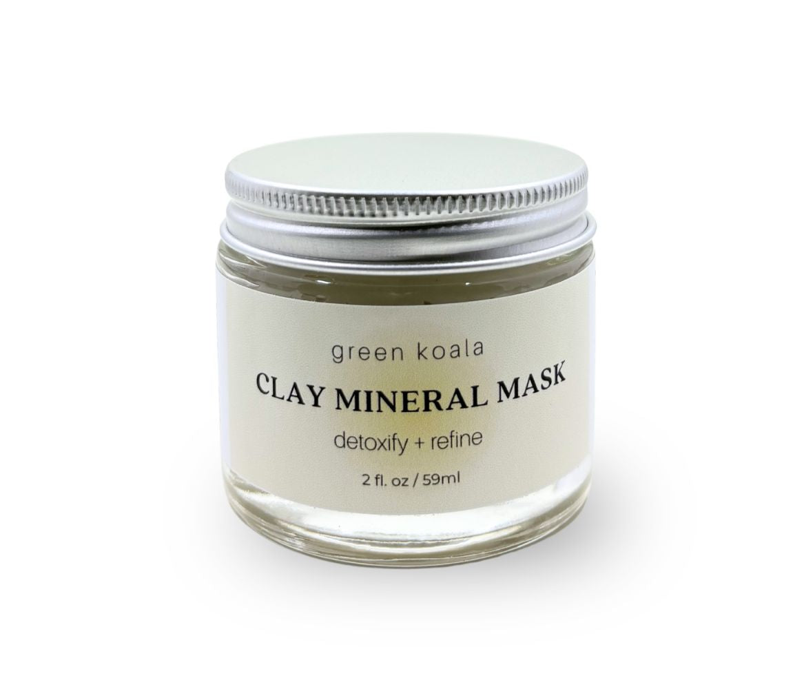 Green Koala Organic Clay Face Mask in a 2 oz glass jar natural detoxifying facial mask
