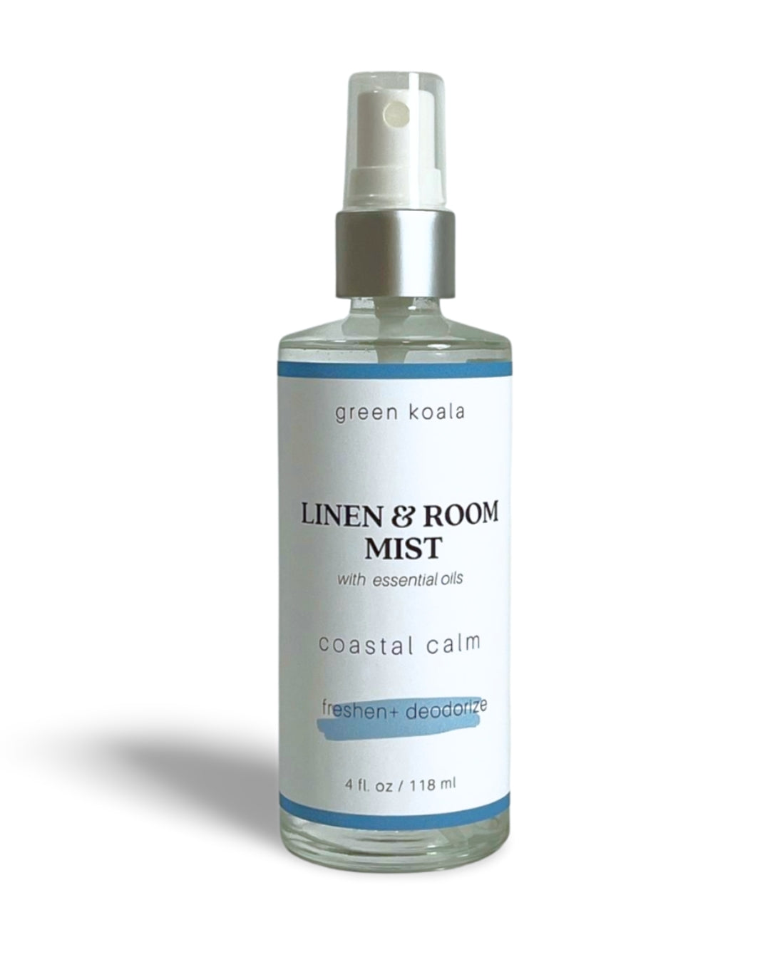 4oz coastal linen scented silver metal spray in a glass bottle.