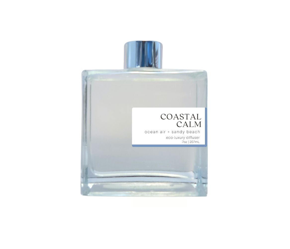 Coastal Calm diffuser with silver cap in a glass bottle, offering a tranquil, ocean breeze scent for your home.