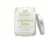 8oz Coconut Lime scented non-toxic and clean burning candle in a glass jar with silver lid.