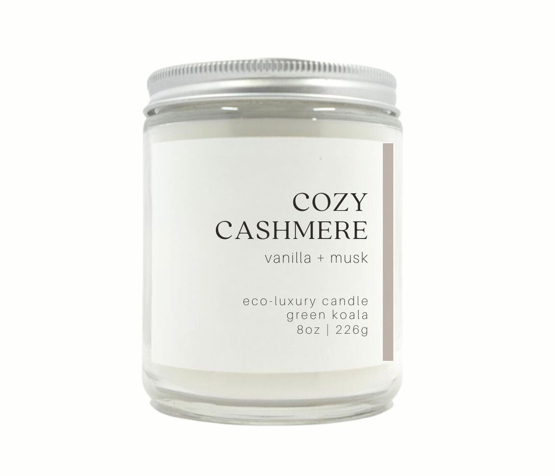 Cashmere 8oz eco-luxury organic candle with silver lid for a clean burn. 