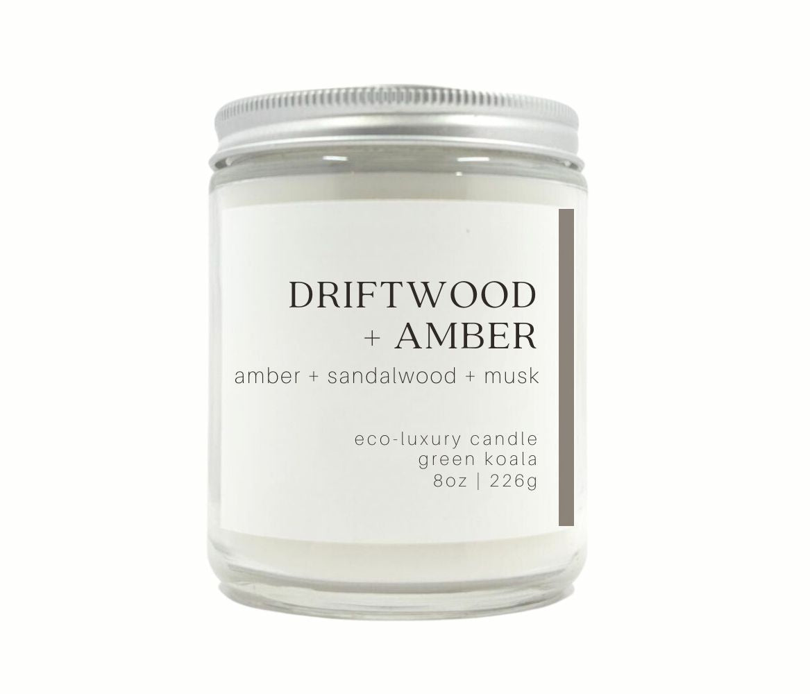 8oz Driftwood non-toxic candle made with coconut wax in a glass jar