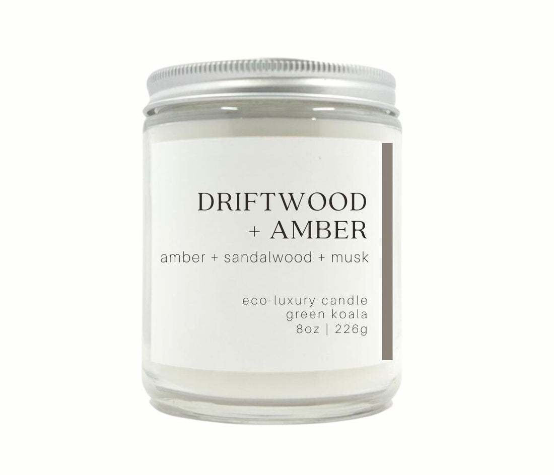 8oz Driftwood non-toxic candle made with coconut wax in a glass jar for a clean burn.