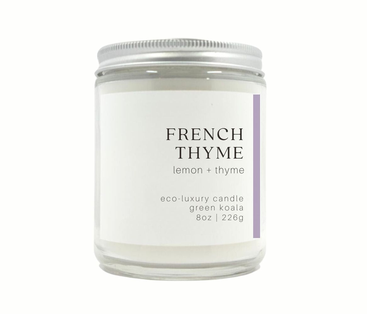 8oz Green Koala Organic French Thyme Eco-Luxury Candle made with Coconut Wax with silver lid for clean burn. 