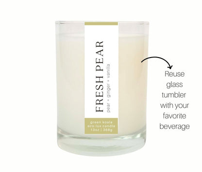 13oz Fresh pear scented candle in a drinking glass .