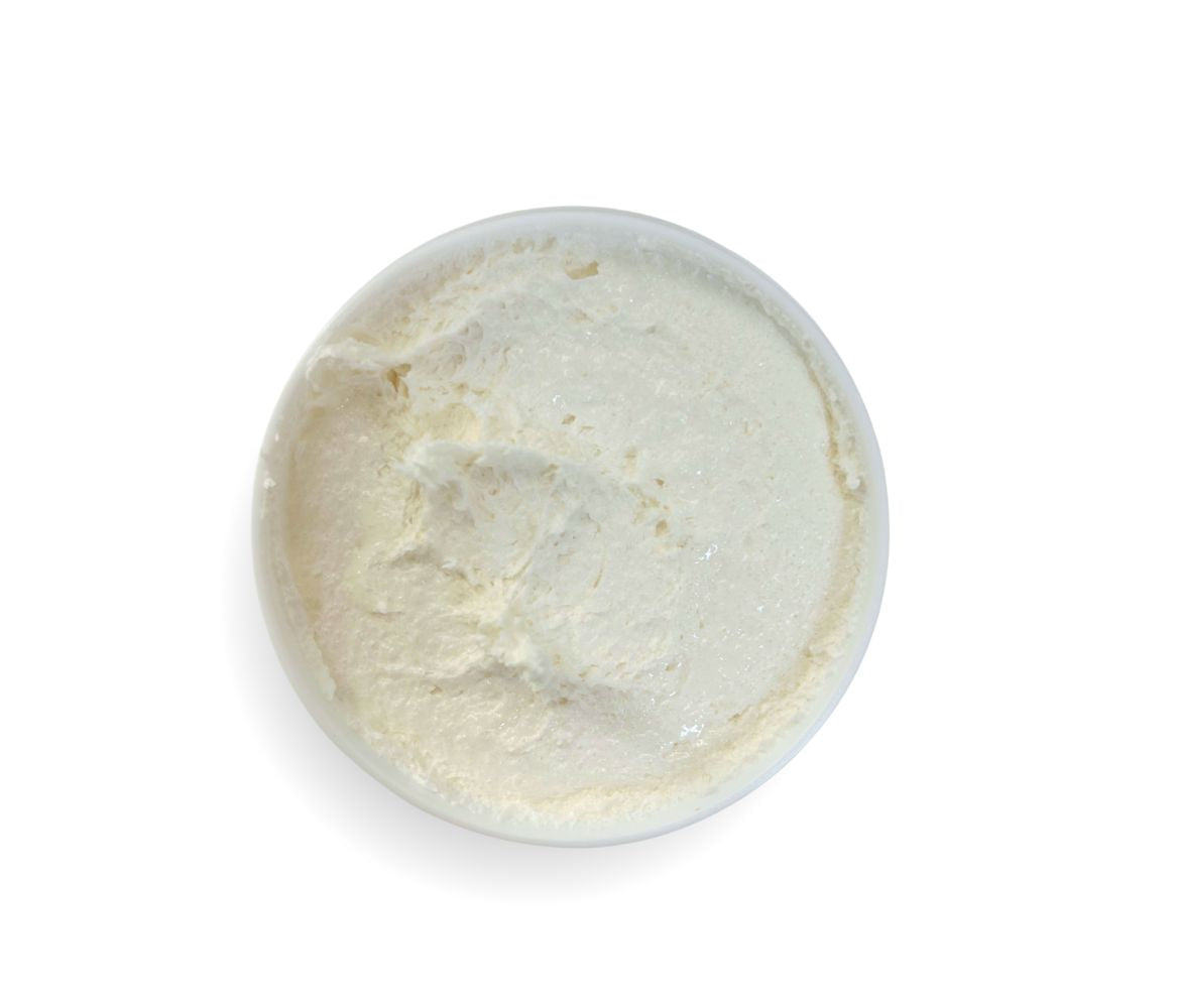 Top-down view of 9oz Fresh Pear Sugar Scrub jar displaying whipped texture and pear scent, gently cleanses, exfoliates, and hydrates skin.