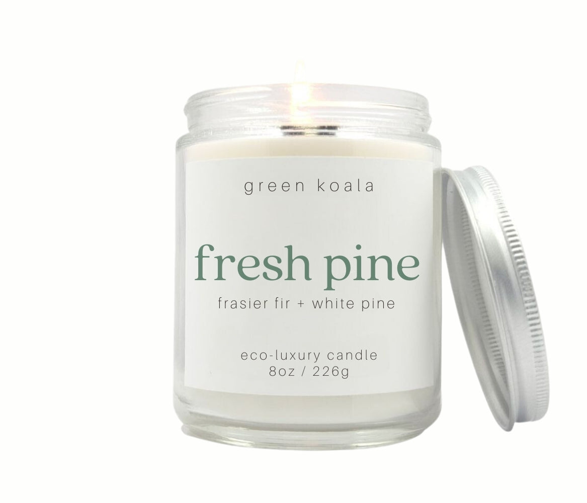 8oz Fresh Pine scented non-toxic and clean burning candle in a glass jar.