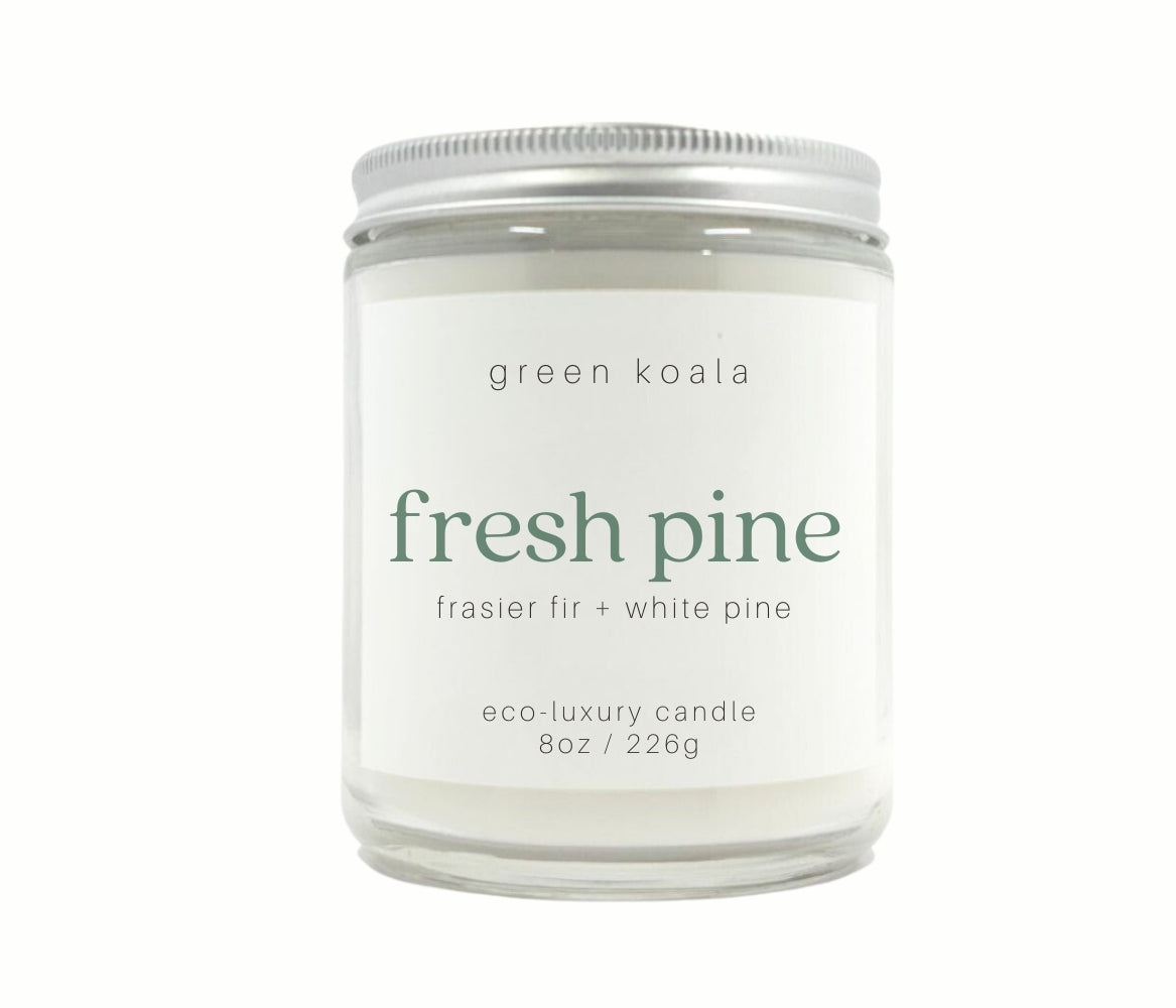 8oz Fresh Pine scented non-toxic hand poured candle in a glass jar. Made in the USA.