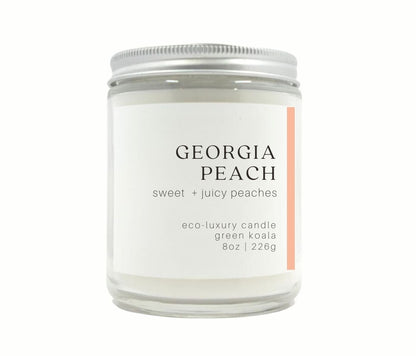8oz Green Koala Organic Georgia Peach Eco-Luxury Candle Glass Jar With Lid for a clean burn. 