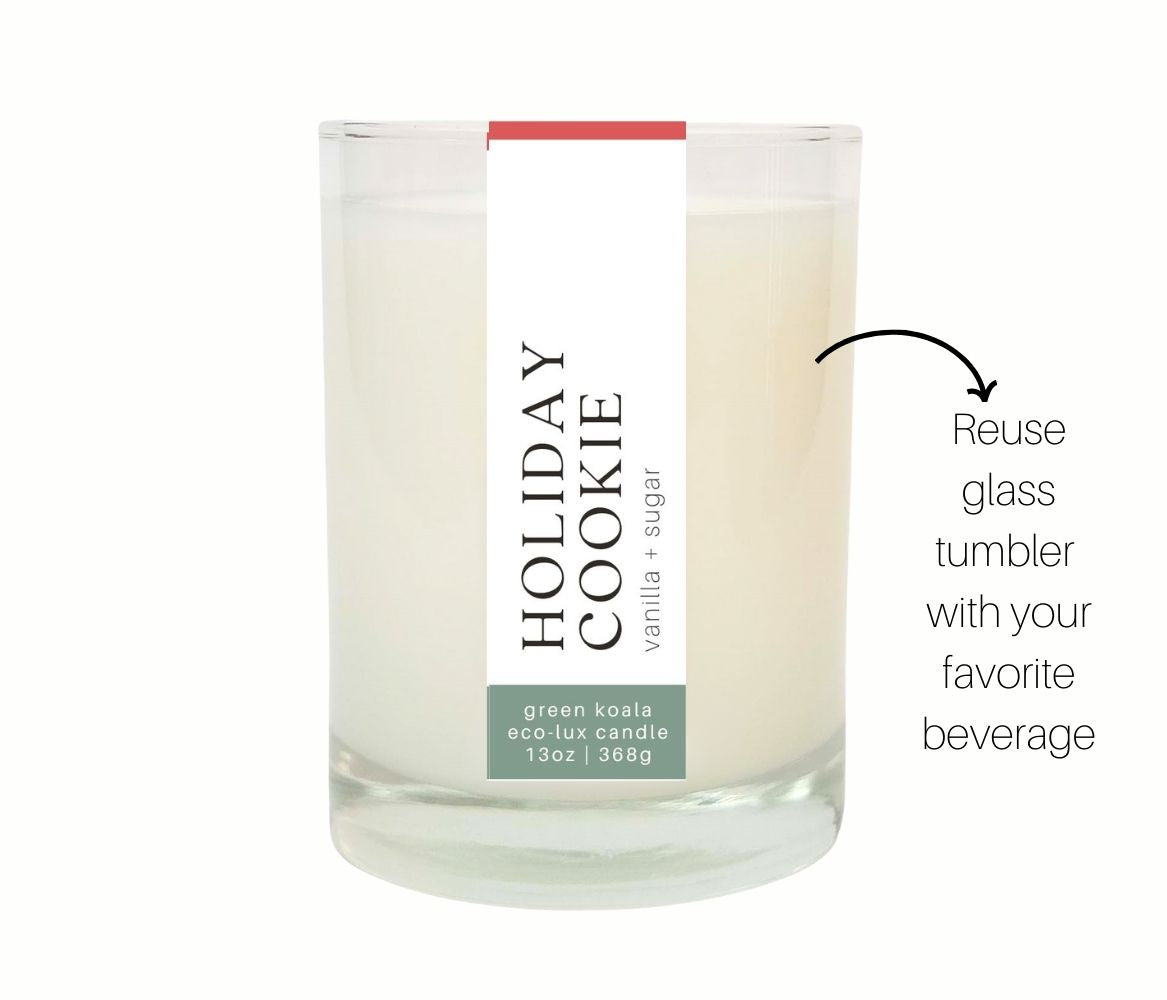 Reuseable 13oz Green Koala Holiday Cookie Eco-Luxury Candle. A vanilla and sugary scented delight.