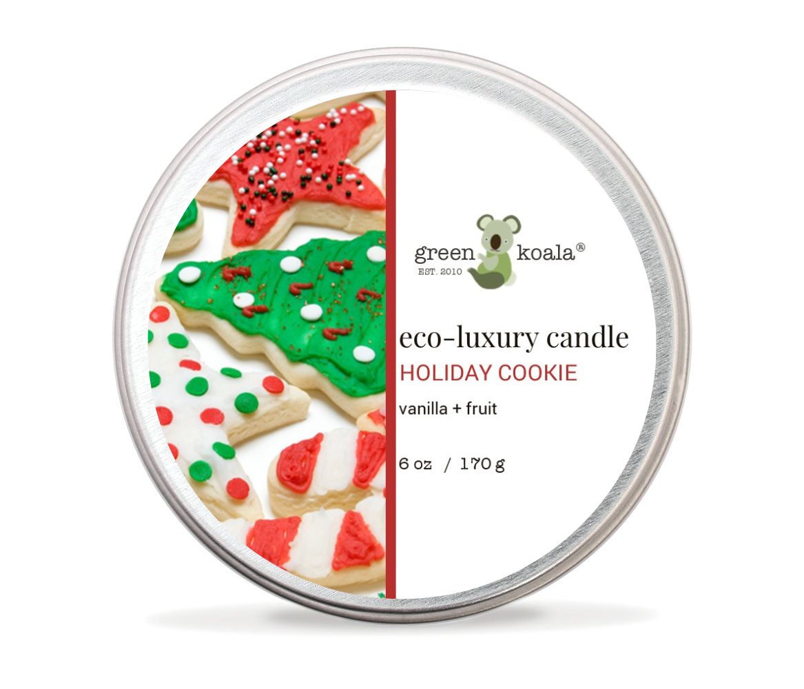 6oz Tin Green Koala Organic Holiday Cookie Eco-Luxury Candle made with coconut wax