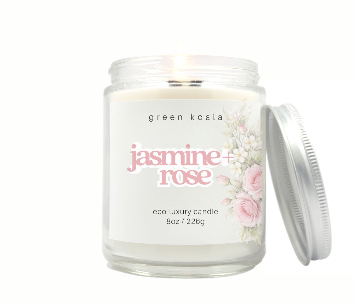 Candle jar with jasmine & rose label on a white background