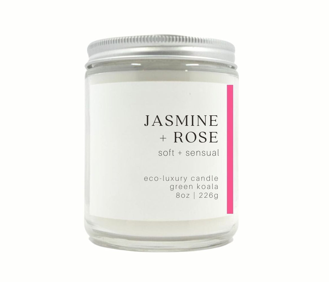 8oz Jasmine &amp; Rose Eco-Luxury Candle with silver lid.